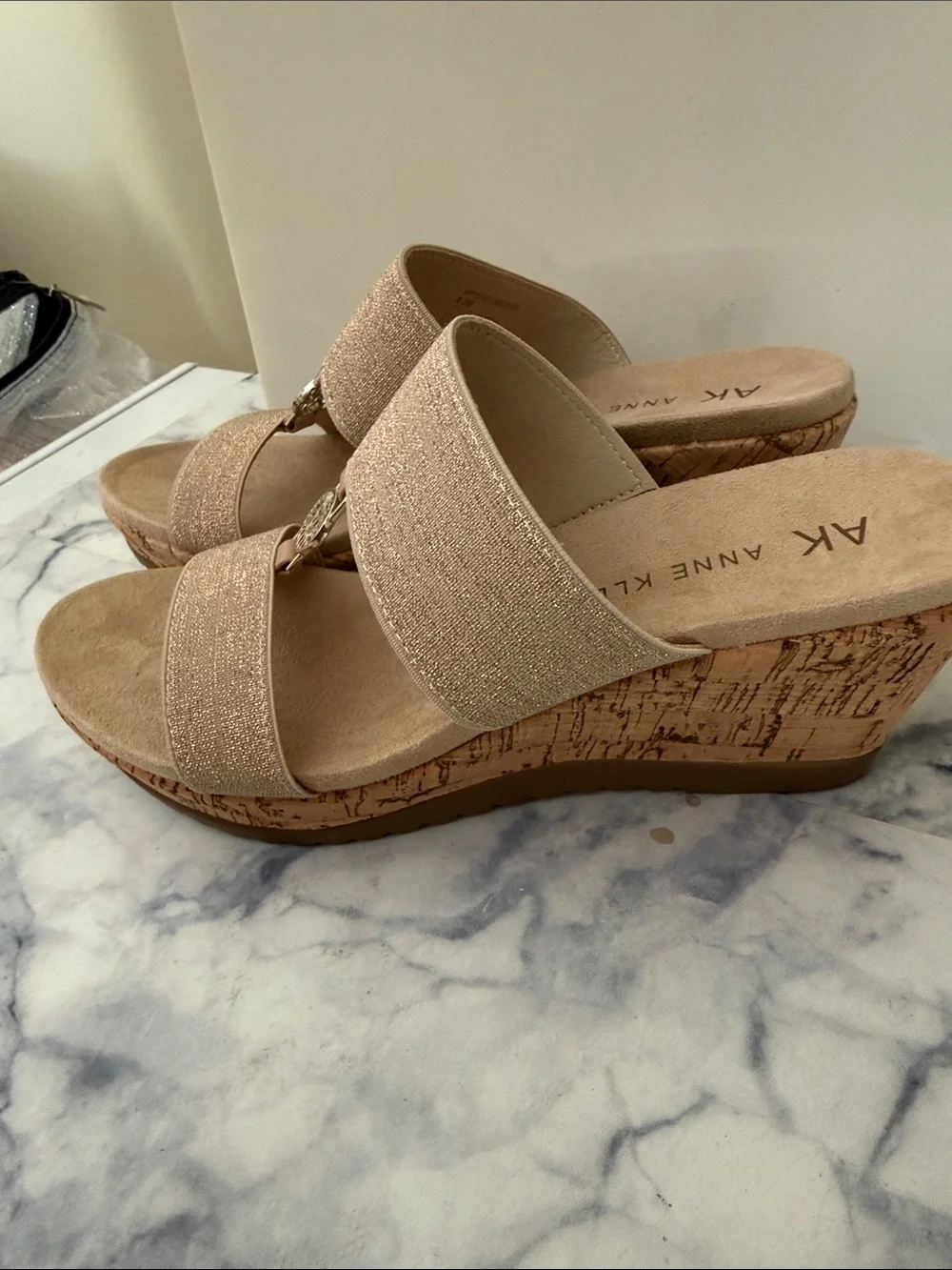 Anne Klein Beige/Tan Sparkle Double‑Strap Wedge Sandals